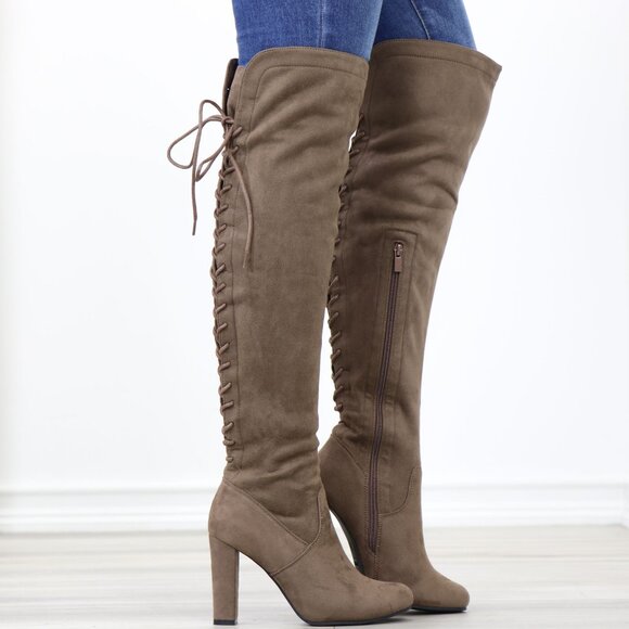 Taupe Faux Suede Over The Knee Lace Up Back Side Zipper High Heel - Picture 5 of 14
